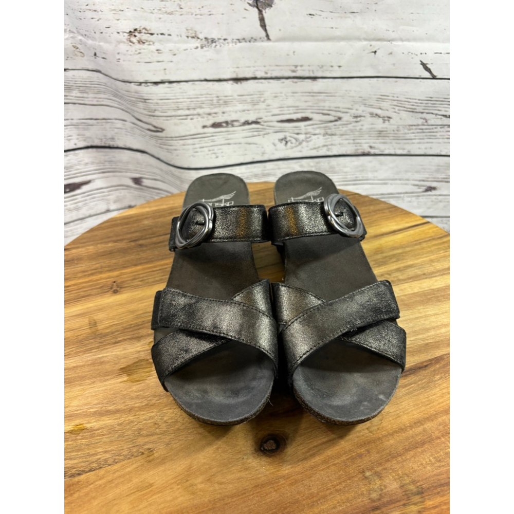 Women's Dansko Black Gold Metallic Wedge Sandals Size 8.5